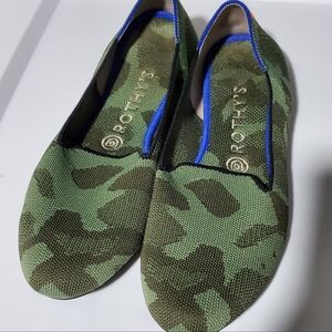 Rothy’s Camo Knit Loafer Flats Women 8.5 Blue Trim Orange Heel Washable Comfort
